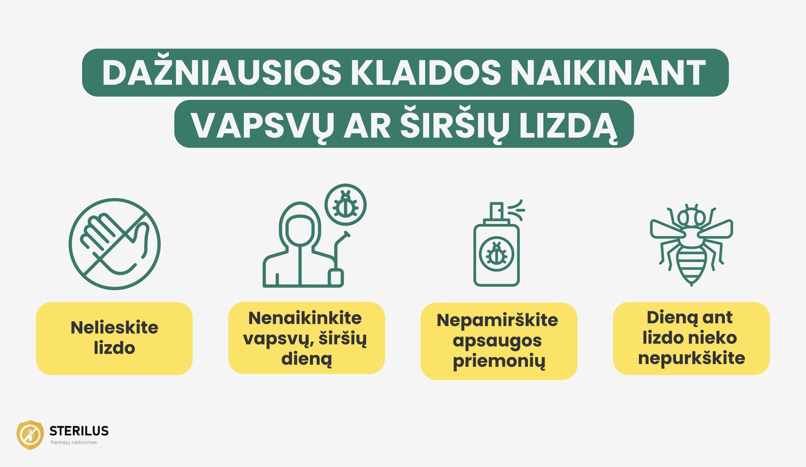 Dažniausios klaidos naikinant vapsvų ar širšių lizdą - kaip jų išvengti: neliesti lizdo, nenaikinti vabzdžių dieną ir naudoti apsaugos priemones
