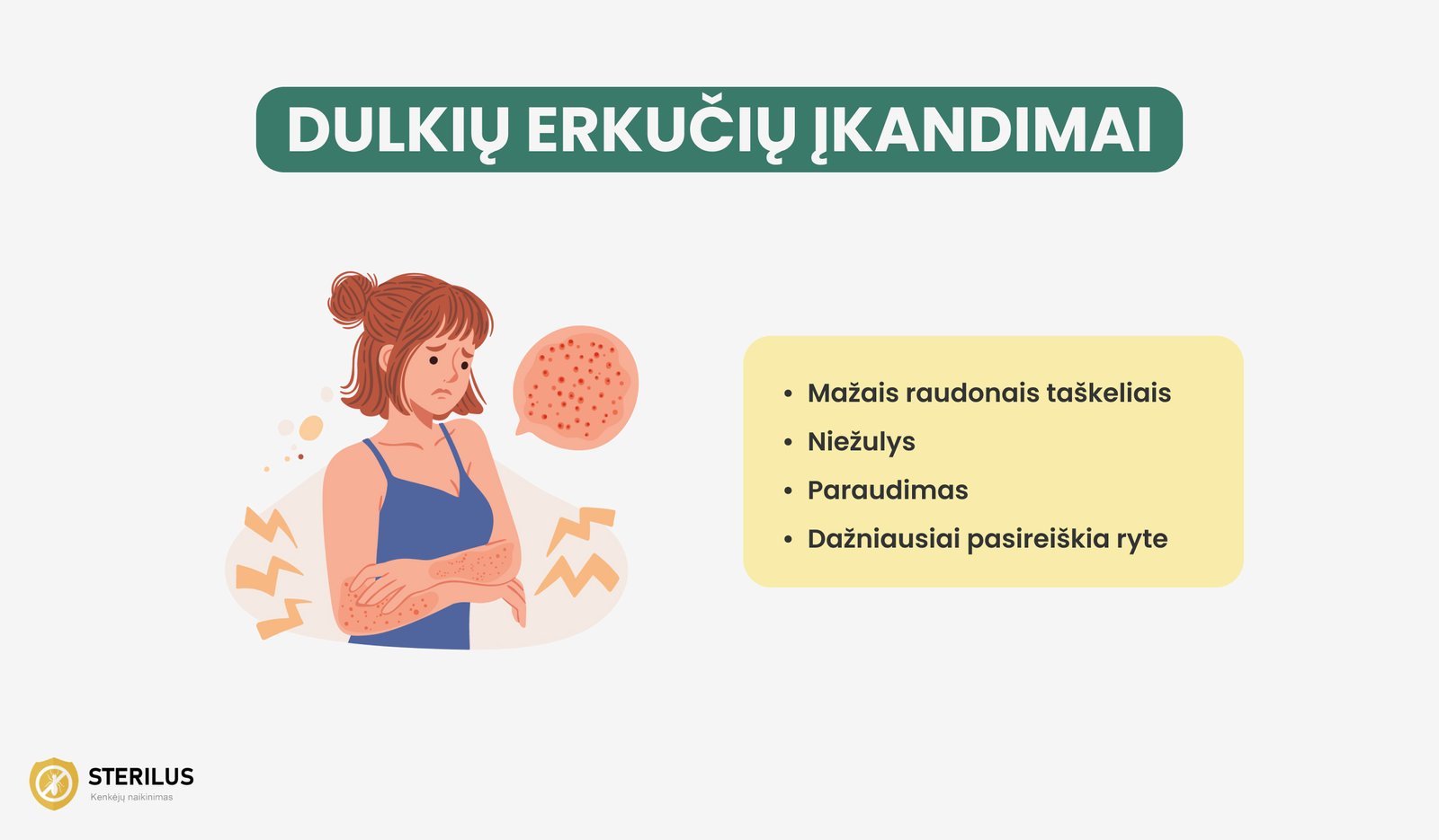 Dulkių erkučių įkandimai - niežulys, paraudimas, raudoni taškeliai