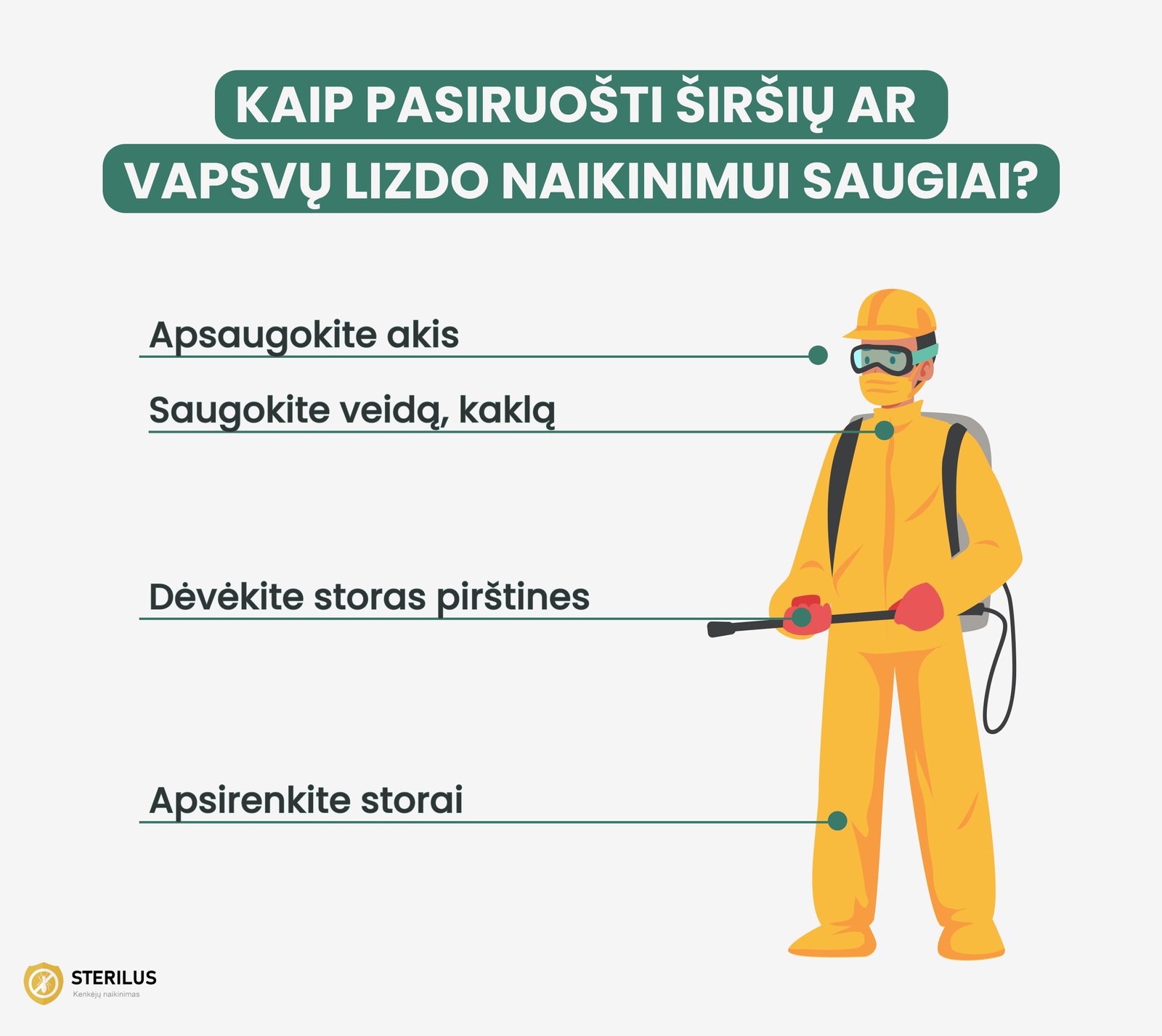 Kaip pasiruošti širšių ar vapsvų lizdo naikinimui saugiai: apsaugokite akis, veidą ir kaklą, dėvėti storas pirštines