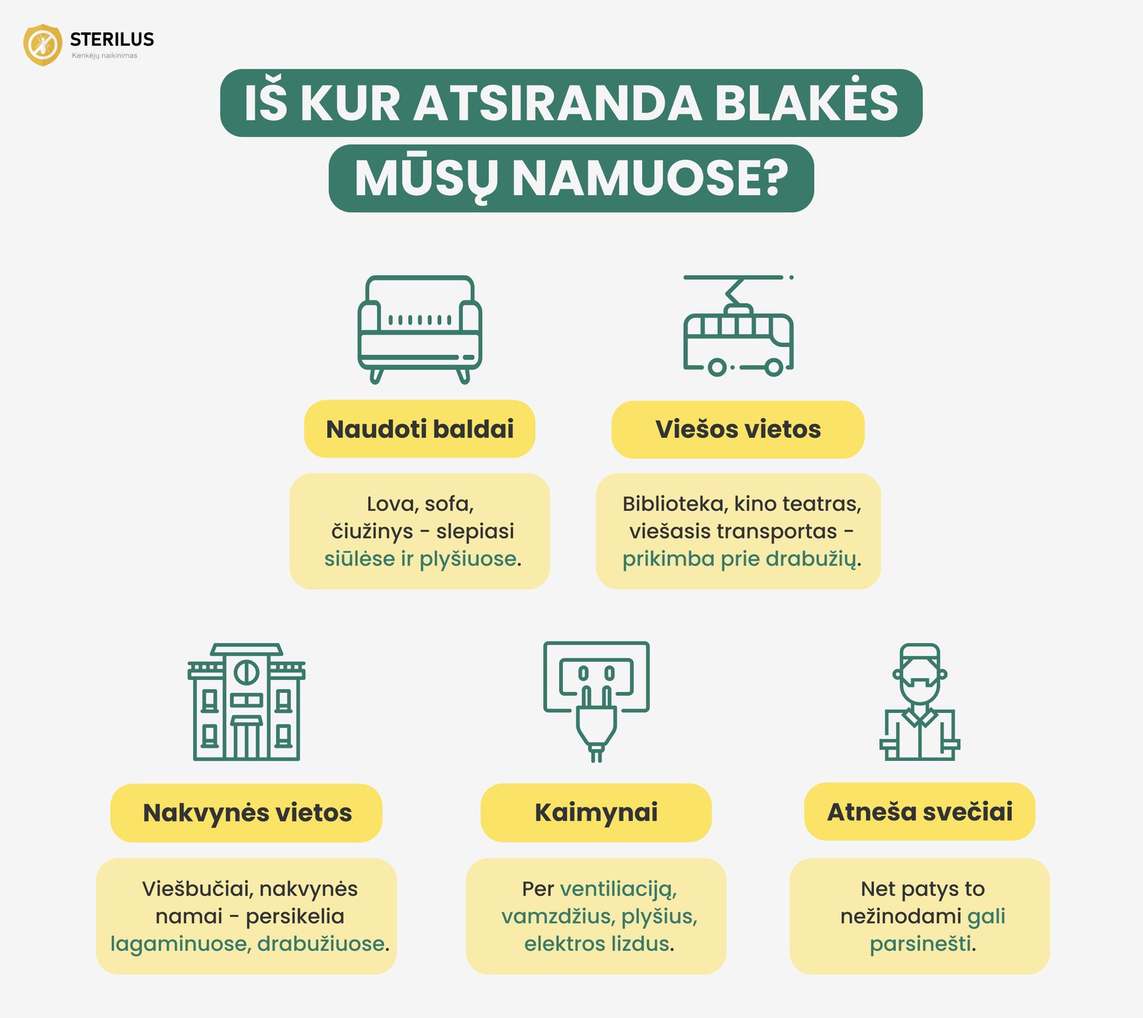 Iš kur atsiranda blakės? Iš nakvynės vietų ar kt. viešų vietų, su naudotais baldais, kaimynais ar atneša svečiai.